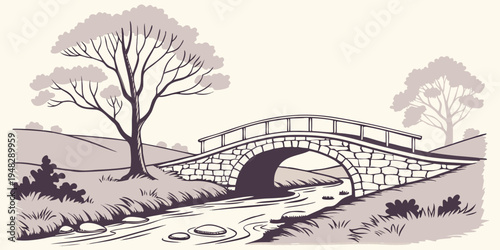 a stone bridge over a stream in a rural landscape Vector
