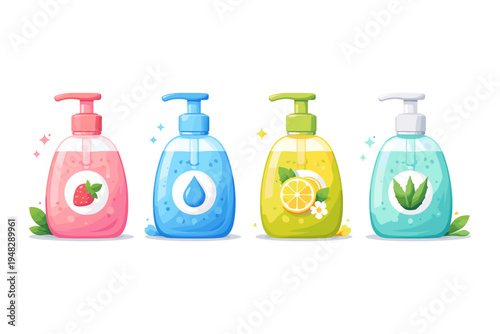 Four colorful liquid soap dispensers with fruit and plant illustrations