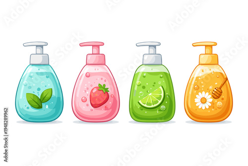 Four colorful liquid soap bottles with natural ingredients and fruity scents