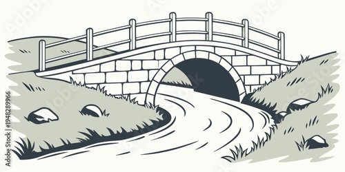 a stone bridge over a stream in a rural landscape Vector