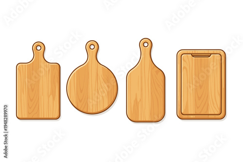 Collection of four wooden cutting boards with different shapes and handles