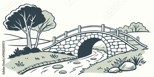 a stone bridge with an archway over a stream Vector