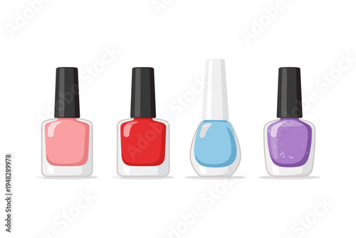Four colorful bottles of nail polish arranged in a row on a white background