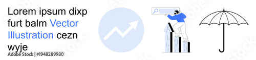Business growth, financial analysis, search engine optimization, data trends, protection, risk management. Arrow on graph, person interacting with search bar umbrella icon. Business growth