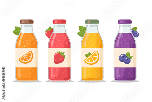 Assortment of fruit juices in glass bottles with colorful labels and fresh fruit garnishes