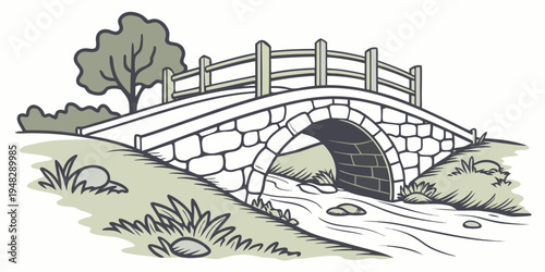 stone bridge over a small stream in a rural landscape Vector