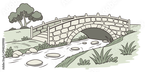 a stone bridge over a small stream with a tree and grassy banks Vector