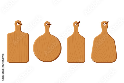 Collection of four different wooden cutting boards with handles and holes