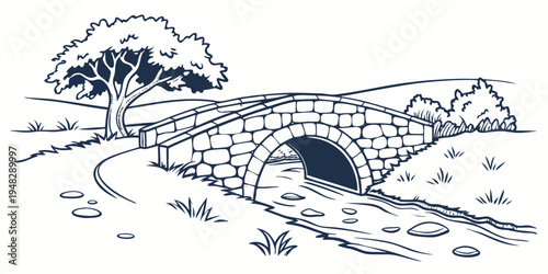 stone bridge over a stream with a tree Vector