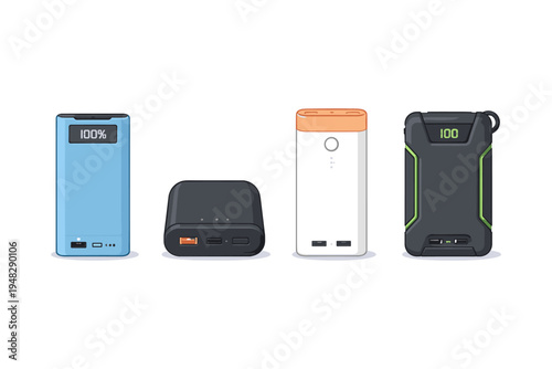 Collection of four portable power banks with different designs and colors