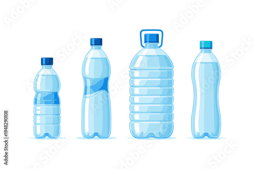 Collection of various plastic water bottles with blue caps and clear liquid