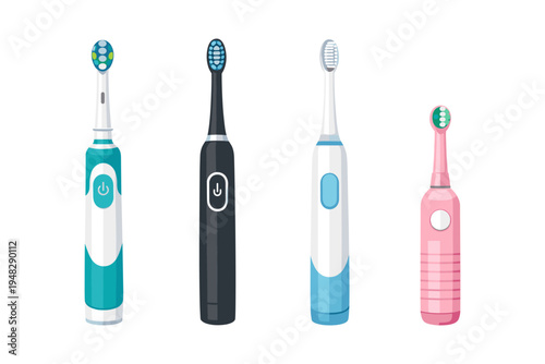 Collection of four modern electric toothbrushes in different colors and designs