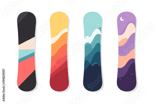 Collection of four snowboards with abstract colorful mountain and landscape designs
