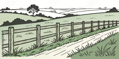 a wooden fence along a dirt road in a rural landscape Vector