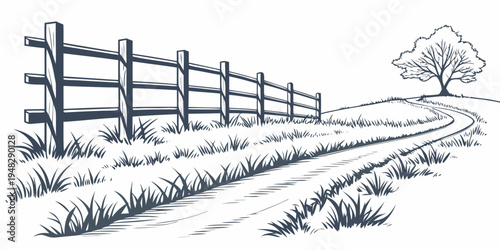a fence next to a dirt road and a tree Vector