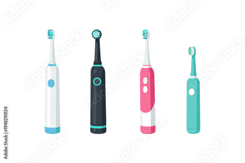 Collection of four modern electric toothbrushes in different colors and styles