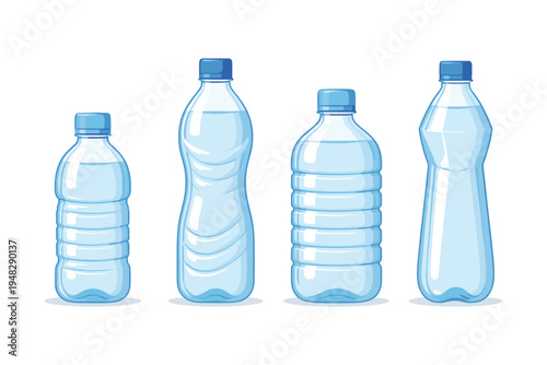 Collection of four different plastic water bottles with blue caps and clear liquid