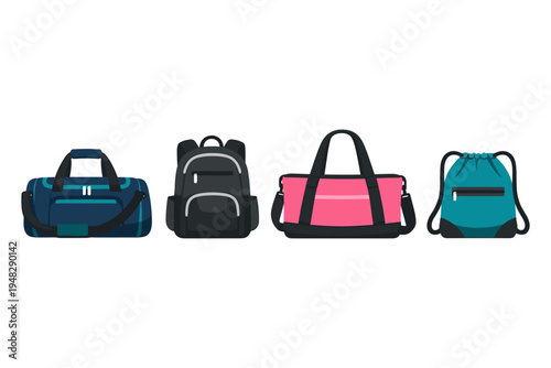 Collection of four different types of bags for travel and sports