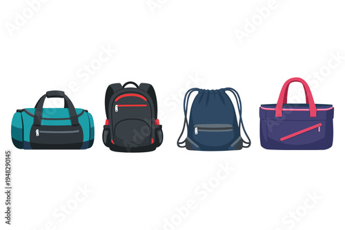 Collection of four different types of bags for travel and sports