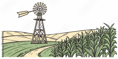a windmill standing alone in a rural landscape Vector