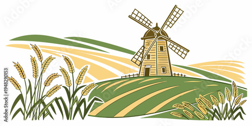 a windmill on a green hill with yellow flowers and wheat Vector