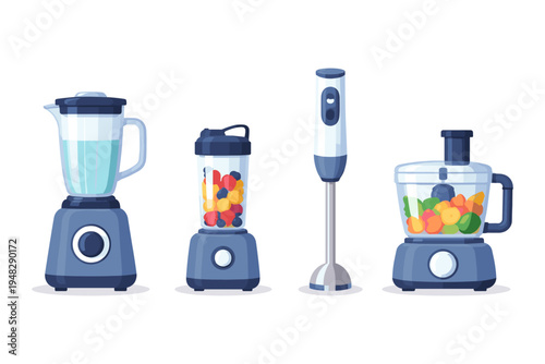 Collection of modern kitchen blenders and food processors with fruits and water