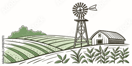 a windmill standing next to a greenhouse in a field Vector