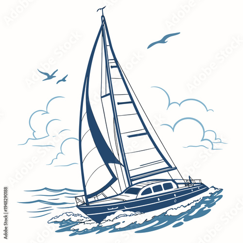 a sailboat on the water with seagulls flying overhead Vector