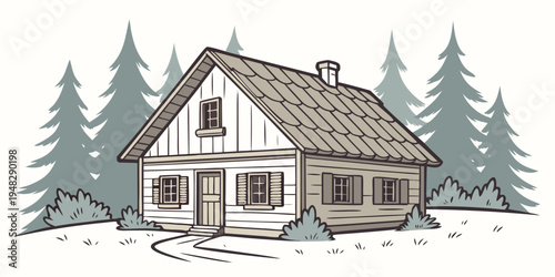 a house in the woods with a snow covered roof Vector