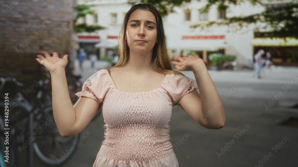 Fototapeta premium Woman shrugs with raised hands on a city street by bicycles and storefronts wearing a pink smocked dress; resignation.