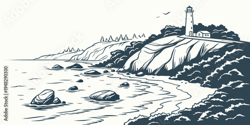 a lighthouse on a rocky coastline by the sea Vector