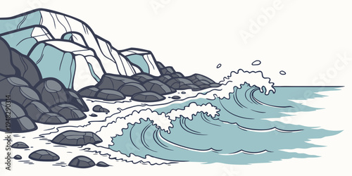 a wave crashing against rocks in a mountainous coastal scene Vector