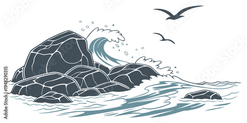 a large rock in the ocean with birds flying overhead Vector