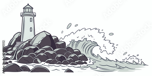 a lighthouse on a rocky coastline with a large wave crashing Vector