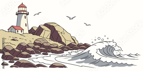 a lighthouse on a rocky coastline with waves crashing Vector