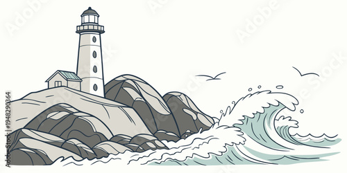 a lighthouse on a rocky coastline with waves crashing Vector