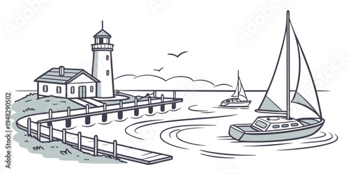 a lighthouse and a sailboat on the water Vector