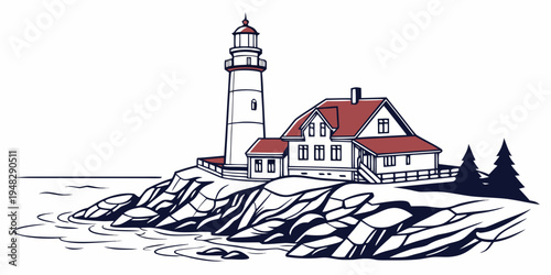 a lighthouse on a rocky coastline with a house and trees Vector