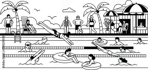 people swimming and relaxing at outdoor pool