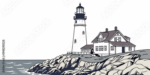 a lighthouse on a rocky coastline with a house next to it Vector