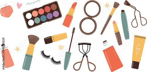 Women cosmetic products beauty set including mascara lipstick eye shadows brush concealer lip gloss sponge trendy hand drawn doodle style