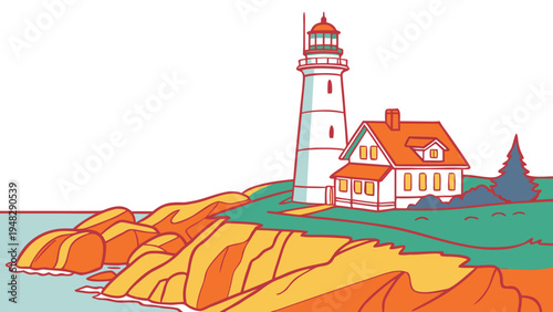 a lighthouse on a rocky coastline next to a house Vector