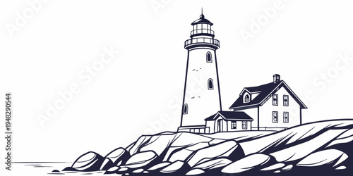 a black and white drawing of a lighthouse on a rocky shore Vector