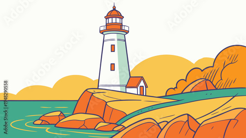 a lighthouse on a rocky coastline by the sea Vector