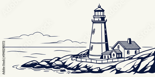 a lighthouse on a rocky coastline with a house next to it Vector