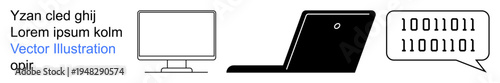 Digital development, coding, computing, binary language, communication, software engineering. Computer monitor, laptop and binary speech bubble. Digital development and coding