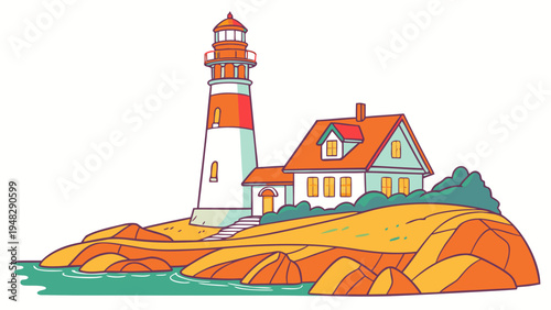 a lighthouse on a rocky cliffside with a house Vector