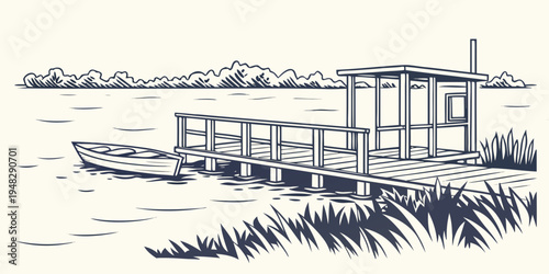 a small dock on a body of water with a building on it Vector