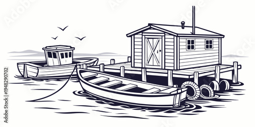 a house on a pier with a boat next to it Vector