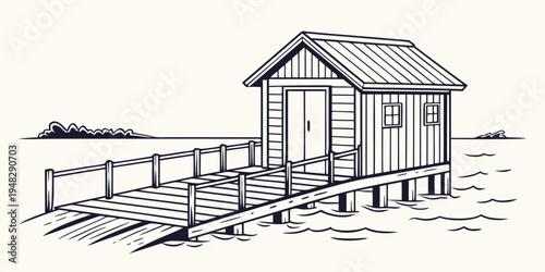 a small wooden house on a pier over the water Vector